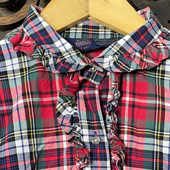 Plaid Ruffle Blouse Sz 10 Vintage Red Green Preppy Academia 1980s Chic - Picture 9 of 16